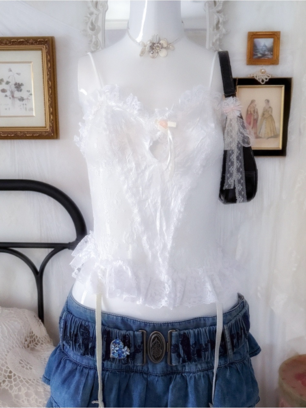 Y2K coquette rosette dainty lace white lingerie top